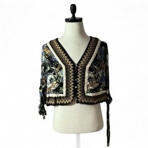 Free People Catch Me If You Can Black Gold Geometric Print Cropped Kimono Top XS